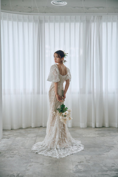 スクエアネック パフスリーブ 総レースドレス(W314)