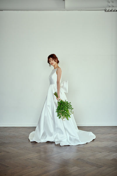 ミカド風サテン 2way バックリボン Aラインドレス(W288)