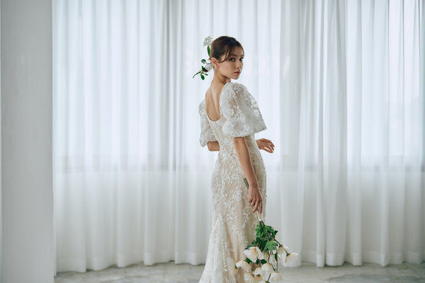 スクエアネック パフスリーブ 総レースドレス(W314)