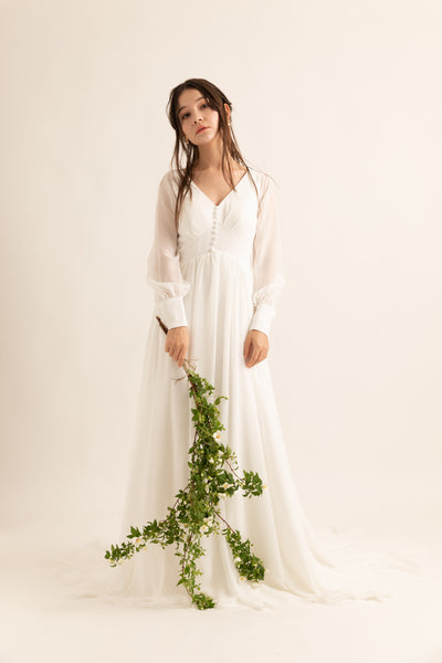 Vネック くるみボタン ロングスリーブ シフォンドレス(W196)