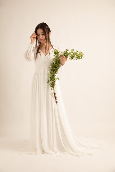 Vネック くるみボタン ロングスリーブ シフォンドレス(W196)