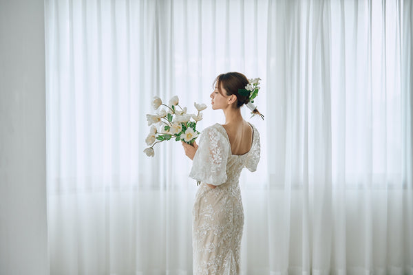 スクエアネック パフスリーブ 総レースドレス(W314)