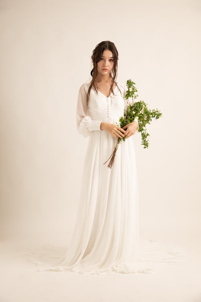 Vネック くるみボタン ロングスリーブ シフォンドレス(W196)