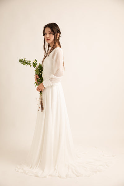 Vネック くるみボタン ロングスリーブ シフォンドレス(W196)