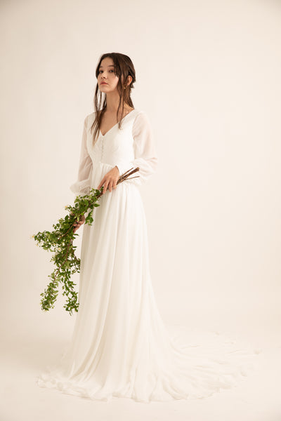 Vネック くるみボタン ロングスリーブ シフォンドレス(W196)