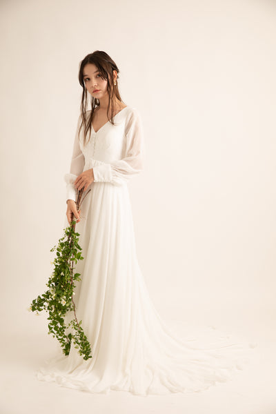 Vネック くるみボタン ロングスリーブ シフォンドレス(W196)