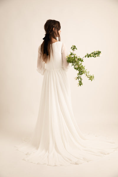 Vネック くるみボタン ロングスリーブ シフォンドレス(W196)