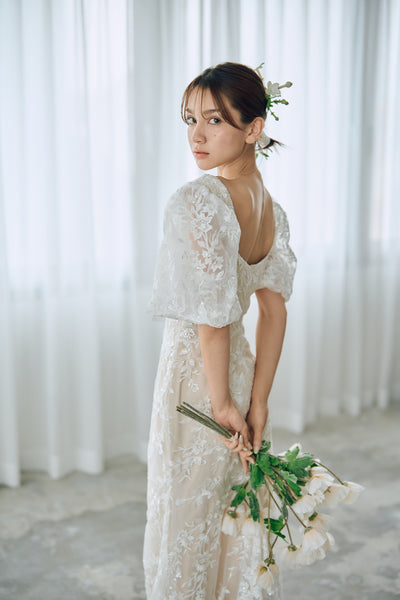 スクエアネック パフスリーブ 総レースドレス(W314)