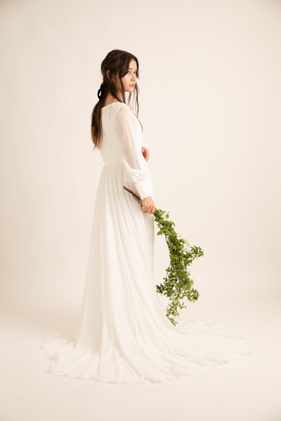 Vネック くるみボタン ロングスリーブ シフォンドレス(W196)