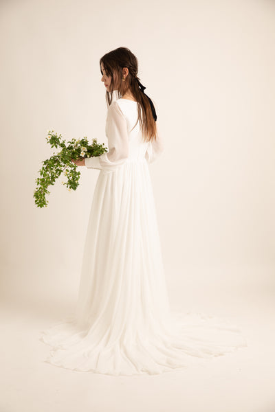 Vネック くるみボタン ロングスリーブ シフォンドレス(W196)