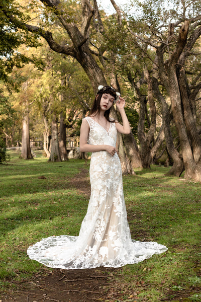 刺繍レース バックV マーメイドドレス(W176)