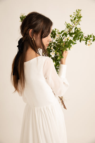 Vネック くるみボタン ロングスリーブ シフォンドレス(W196)