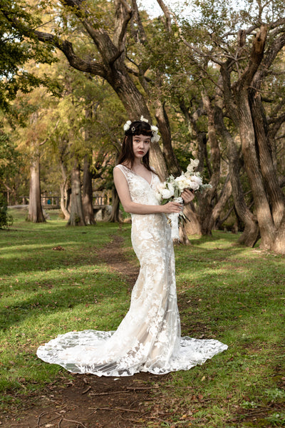 刺繍レース バックV マーメイドドレス(W176)