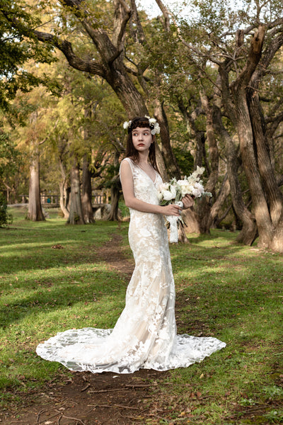 刺繍レース バックV マーメイドドレス(W176)