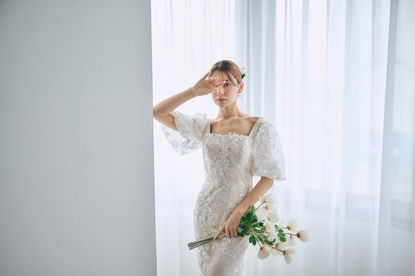 スクエアネック パフスリーブ 総レースドレス(W314)