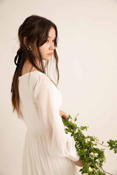 Vネック くるみボタン ロングスリーブ シフォンドレス(W196)