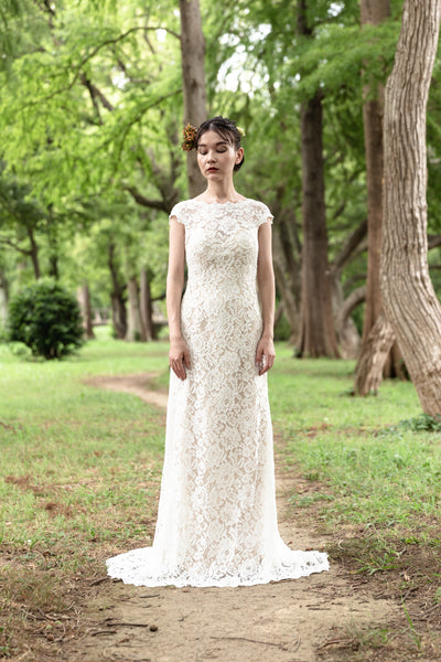 クルーネック 花柄レース スレンダードレス(W174)