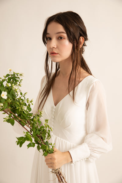 Vネック くるみボタン ロングスリーブ シフォンドレス(W196)