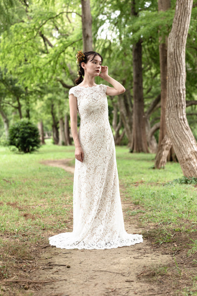 クルーネック 花柄レース スレンダードレス(W174)