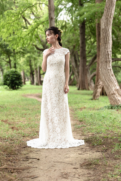 クルーネック 花柄レース スレンダードレス(W174)