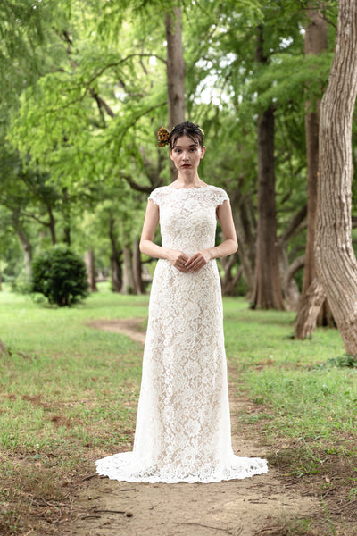 クルーネック 花柄レース スレンダードレス(W174)