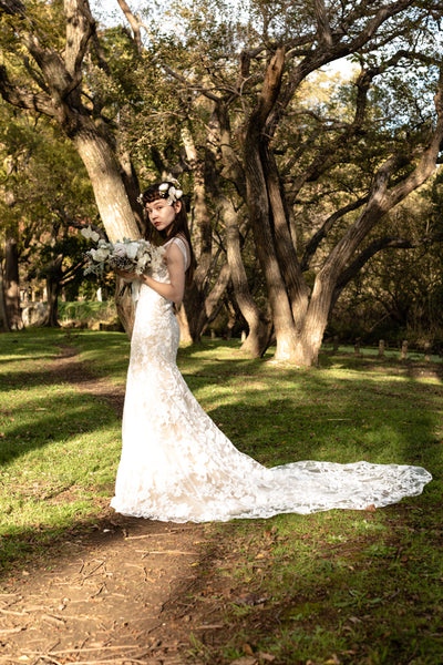 刺繍レース バックV マーメイドドレス(W176)