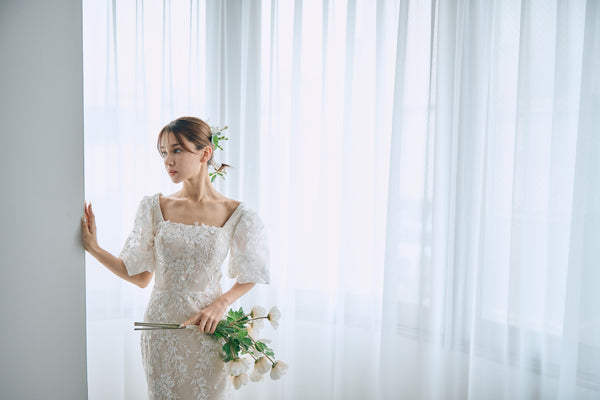 スクエアネック パフスリーブ 総レースドレス(W314)