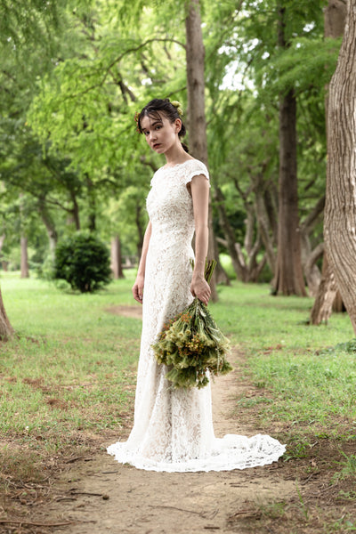 クルーネック 花柄レース スレンダードレス(W174)