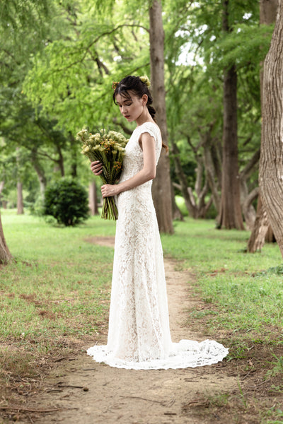 クルーネック 花柄レース スレンダードレス(W174)