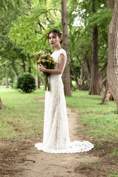 クルーネック 花柄レース スレンダードレス(W174)