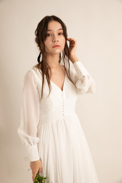 Vネック くるみボタン ロングスリーブ シフォンドレス(W196)