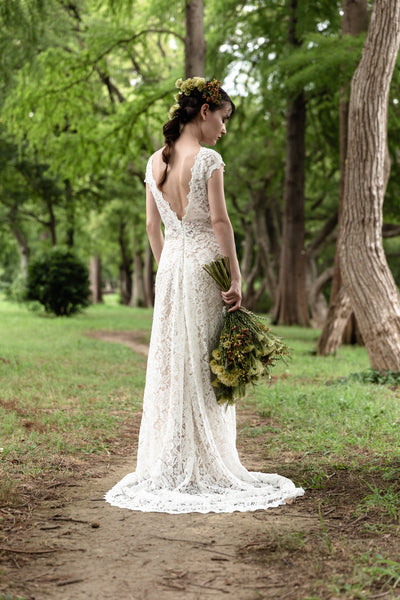 クルーネック 花柄レース スレンダードレス(W174)