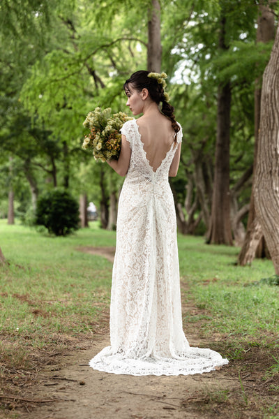 クルーネック 花柄レース スレンダードレス(W174)