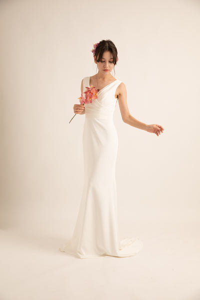 Vネック ラップ風 ソフトマーメイドドレス(W189)