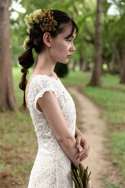 クルーネック 花柄レース スレンダードレス(W174)