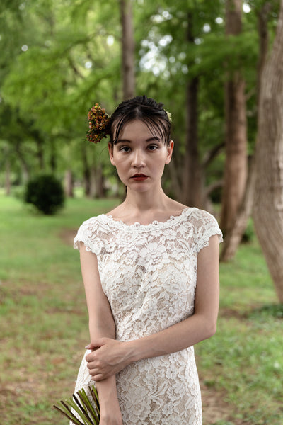 クルーネック 花柄レース スレンダードレス(W174)