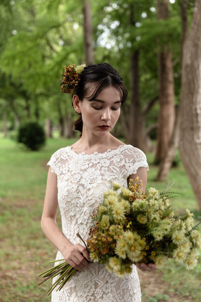 クルーネック 花柄レース スレンダードレス(W174)