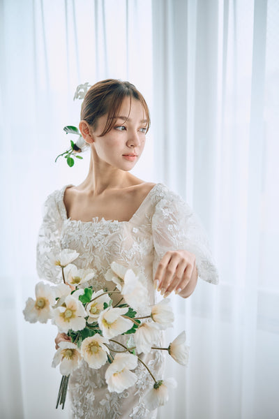 スクエアネック パフスリーブ 総レースドレス(W314)