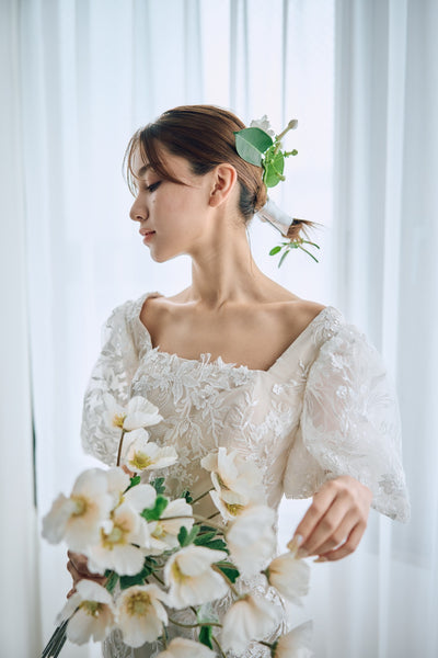 スクエアネック パフスリーブ 総レースドレス(W314)