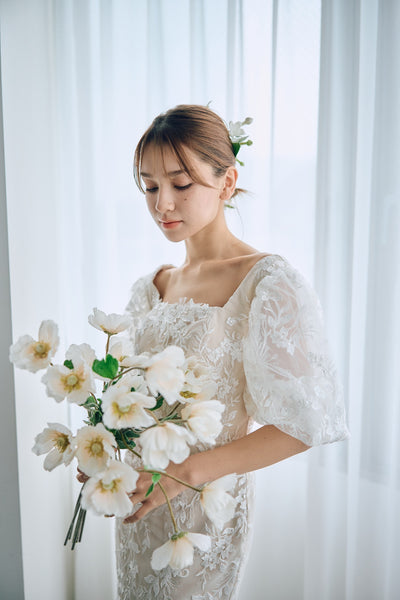 スクエアネック パフスリーブ 総レースドレス(W314)