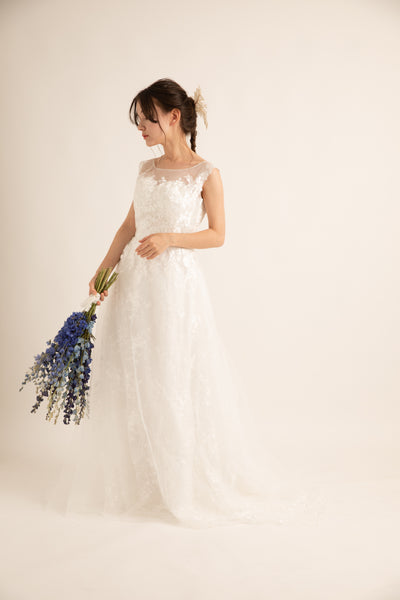 花柄レース 刺繍 ボートネック ウエディングドレス(W59)