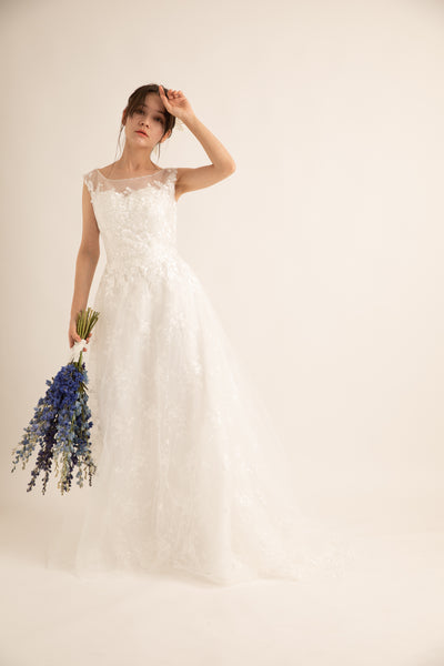 花柄レース 刺繍 ボートネック ウエディングドレス(W59)