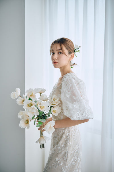 スクエアネック パフスリーブ 総レースドレス(W314)