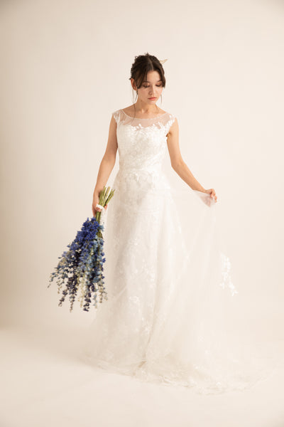 花柄レース 刺繍 ボートネック ウエディングドレス(W59)