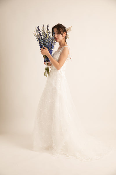 花柄レース 刺繍 ボートネック ウエディングドレス(W59)