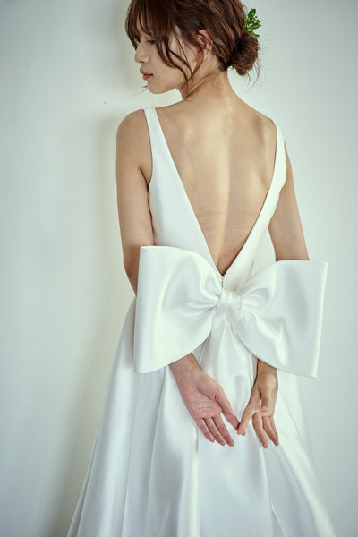 ミカド風サテン 2way バックリボン Aラインドレス(W288)