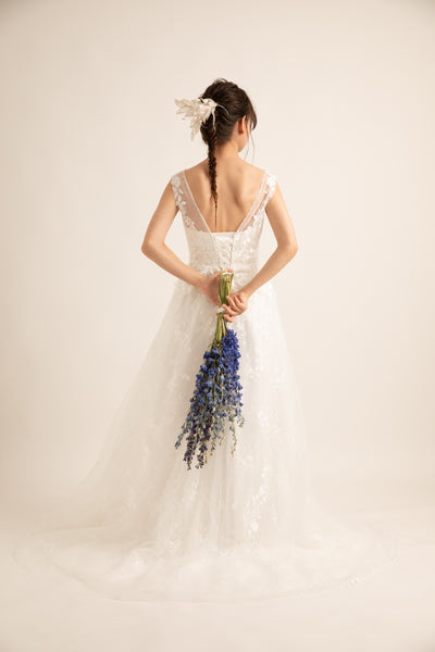 花柄レース 刺繍 ボートネック ウエディングドレス(W59)