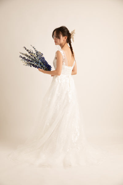 花柄レース 刺繍 ボートネック ウエディングドレス(W59)