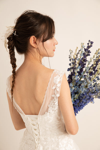 花柄レース 刺繍 ボートネック ウエディングドレス(W59)