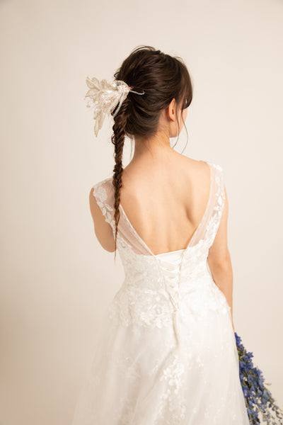 花柄レース 刺繍 ボートネック ウエディングドレス(W59)